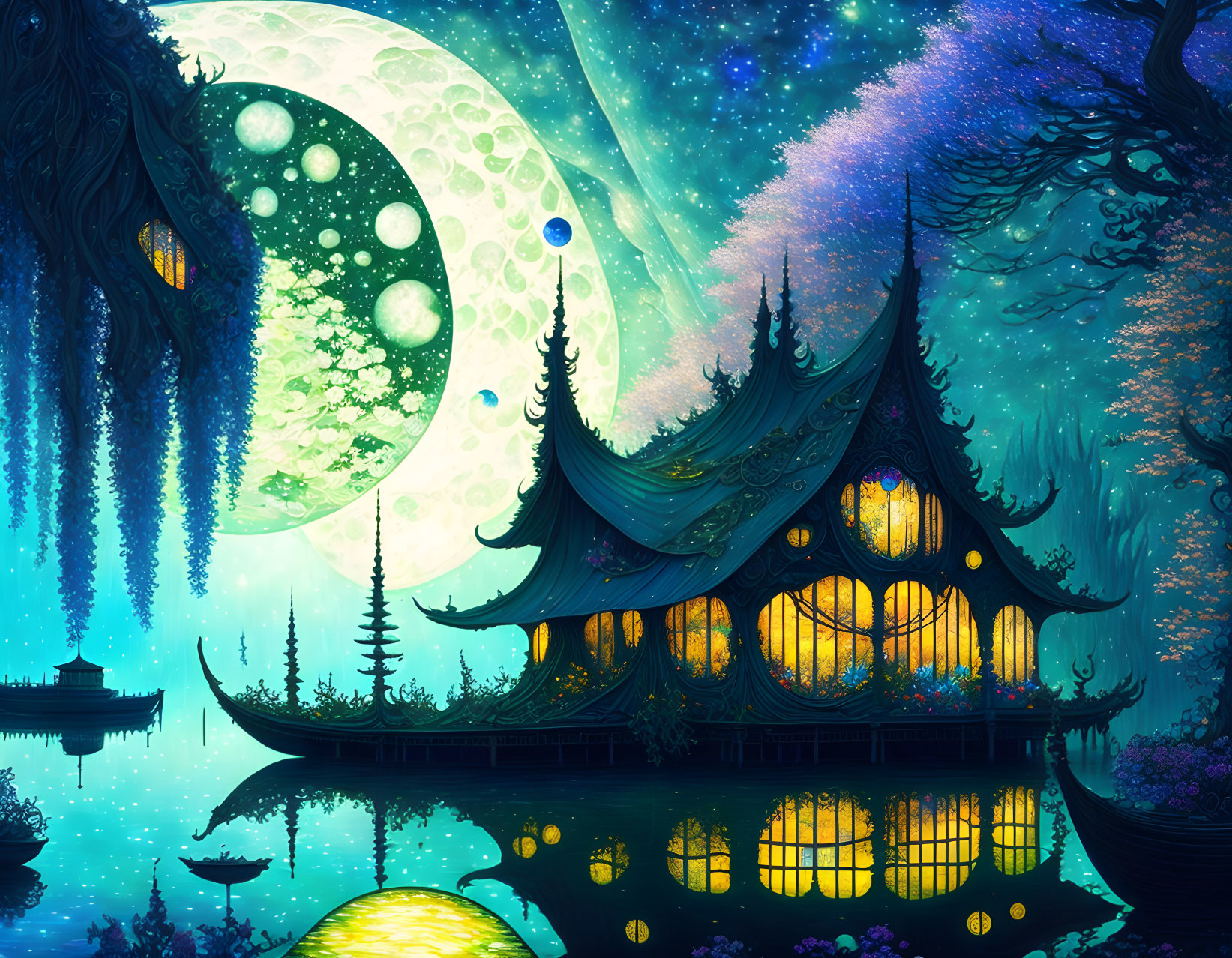 Moonlit traditional house by serene lake in fantasy landscape