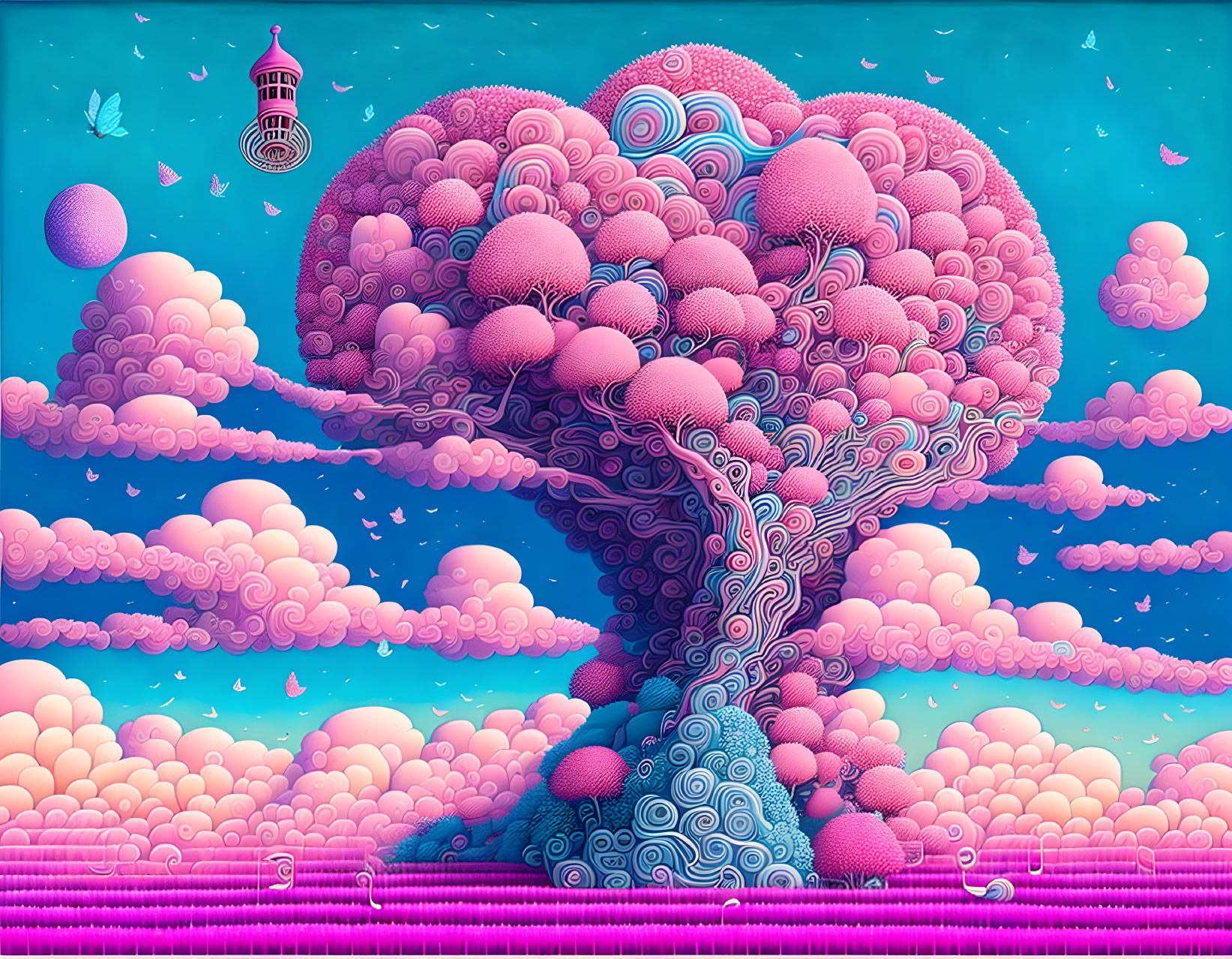 Vibrant pink and blue surreal landscape with whimsical tree and floating orbs.