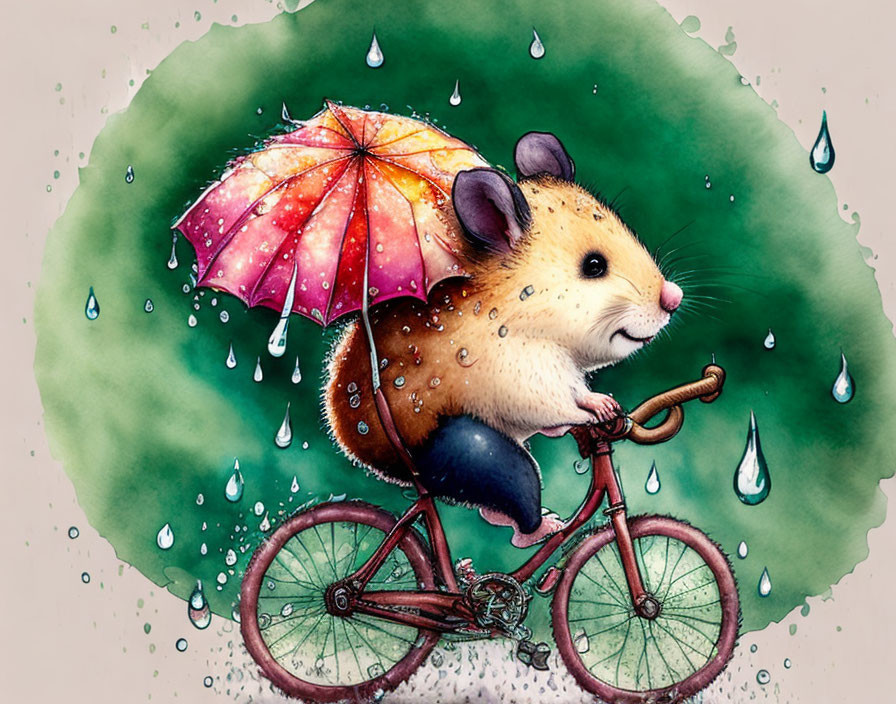 Illustrated mouse with polka-dot umbrella on red bicycle in rain on green background