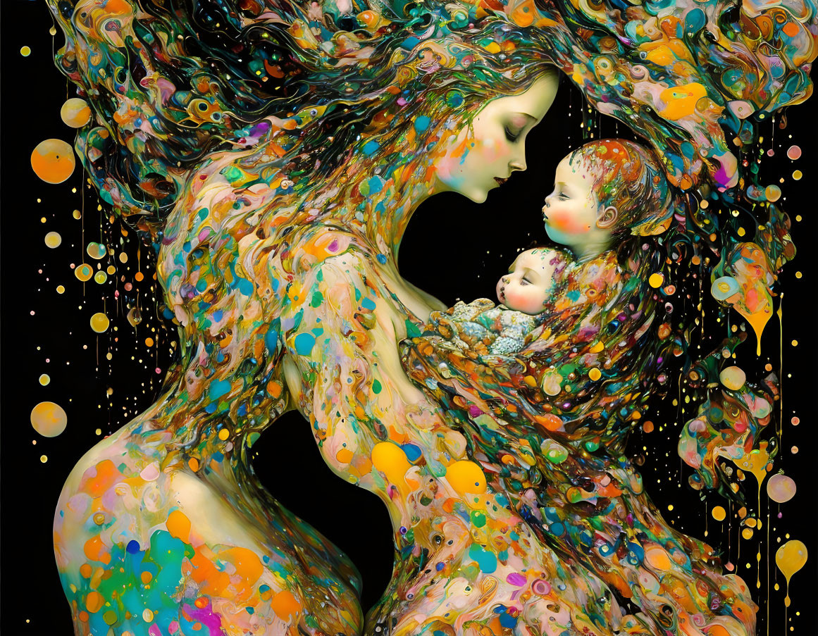 Vivid abstract artwork: Mother and child embrace with swirling patterns