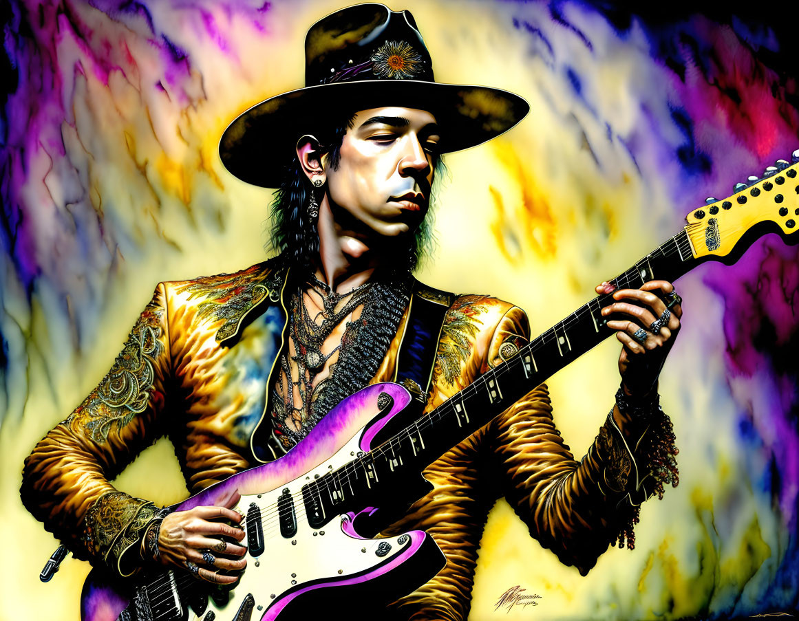 Man with Hat Playing Purple Electric Guitar on Vibrant Background