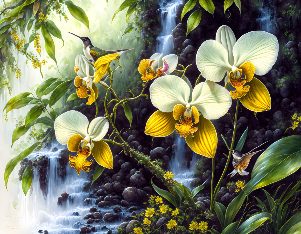 Colorful White and Yellow Orchids with Waterfall, Hummingbirds, and Foliage