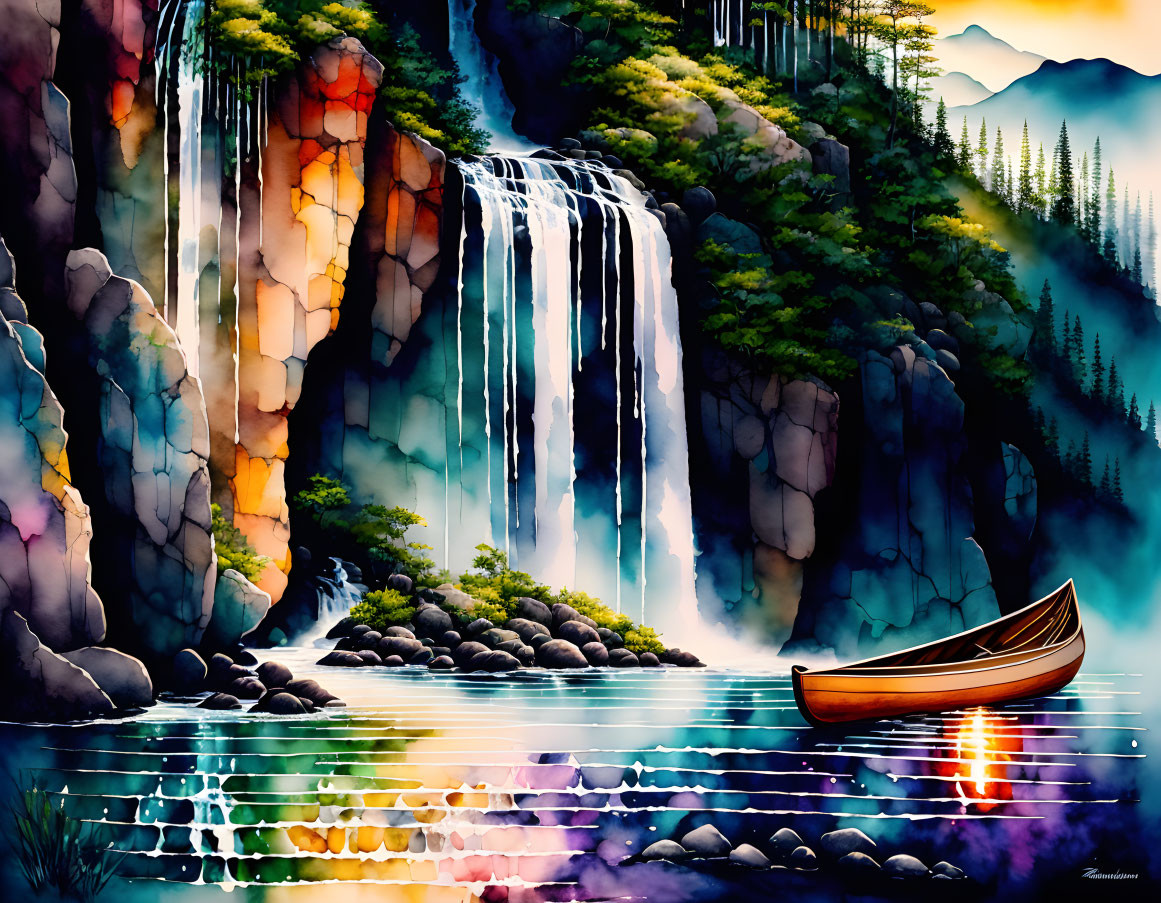 Serene waterfall painting with lush surroundings and canoe at twilight