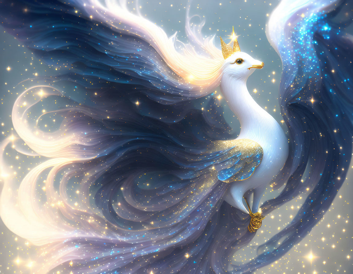 White Peacock with Starry Tail Feathers and Golden Crown on Celestial Background