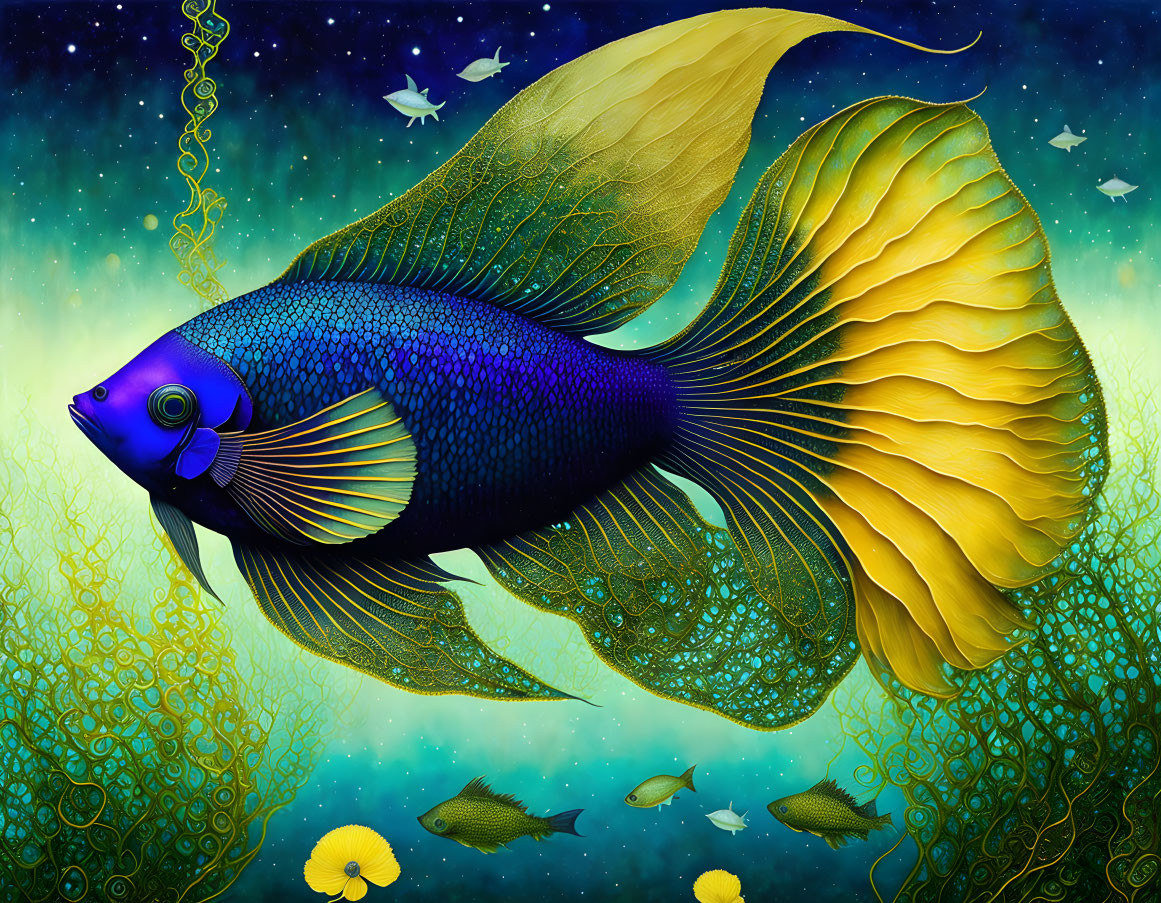 Colorful Fish Swimming Among Sea Foliage and Small Fish in Starry Underwater Scene