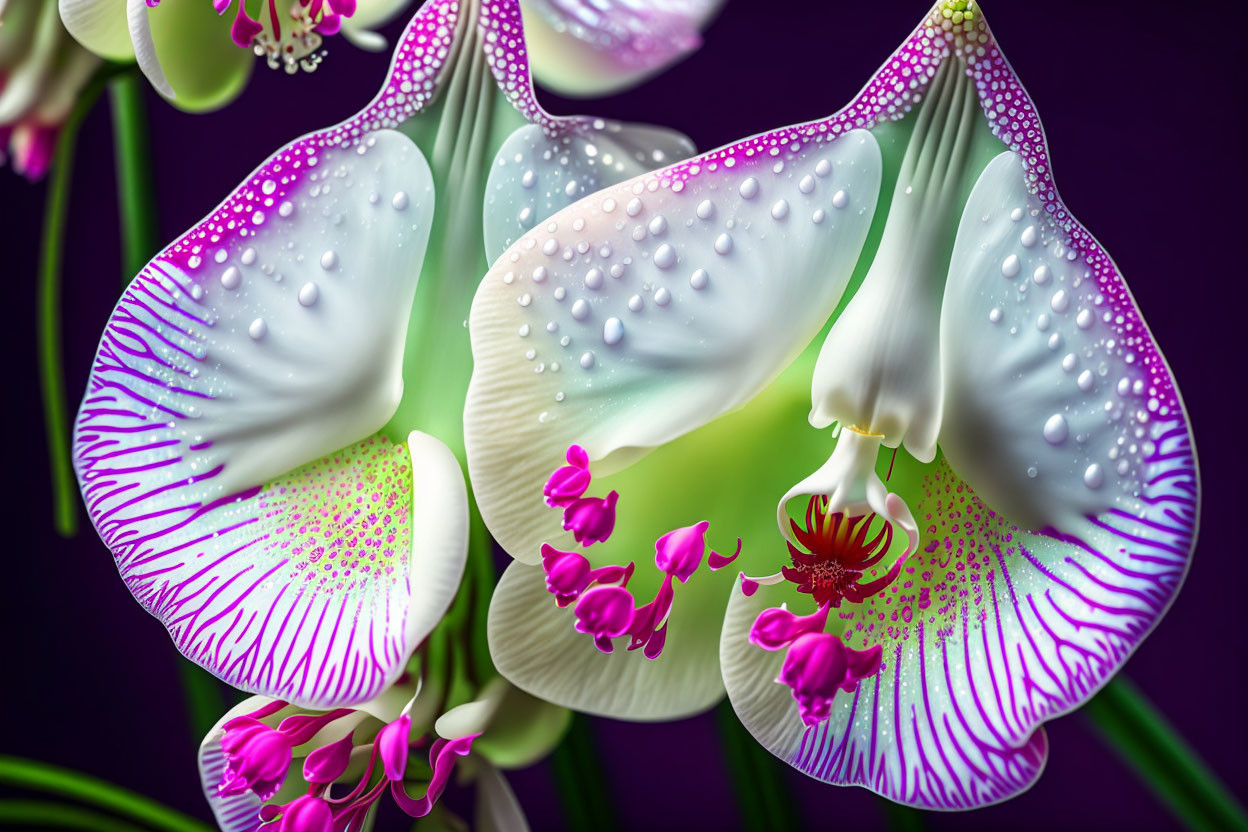 Colorful digital artwork featuring orchids with dewdrops on white petals, neon pink, and green details