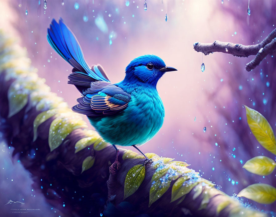 Blue bird perched on branch with raindrops against purple background