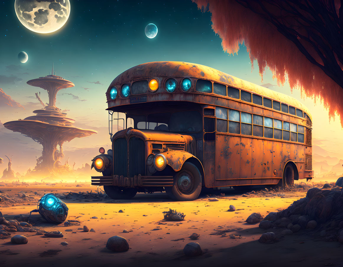 Abandoned bus on alien landscape with spaceship, moons, and robot