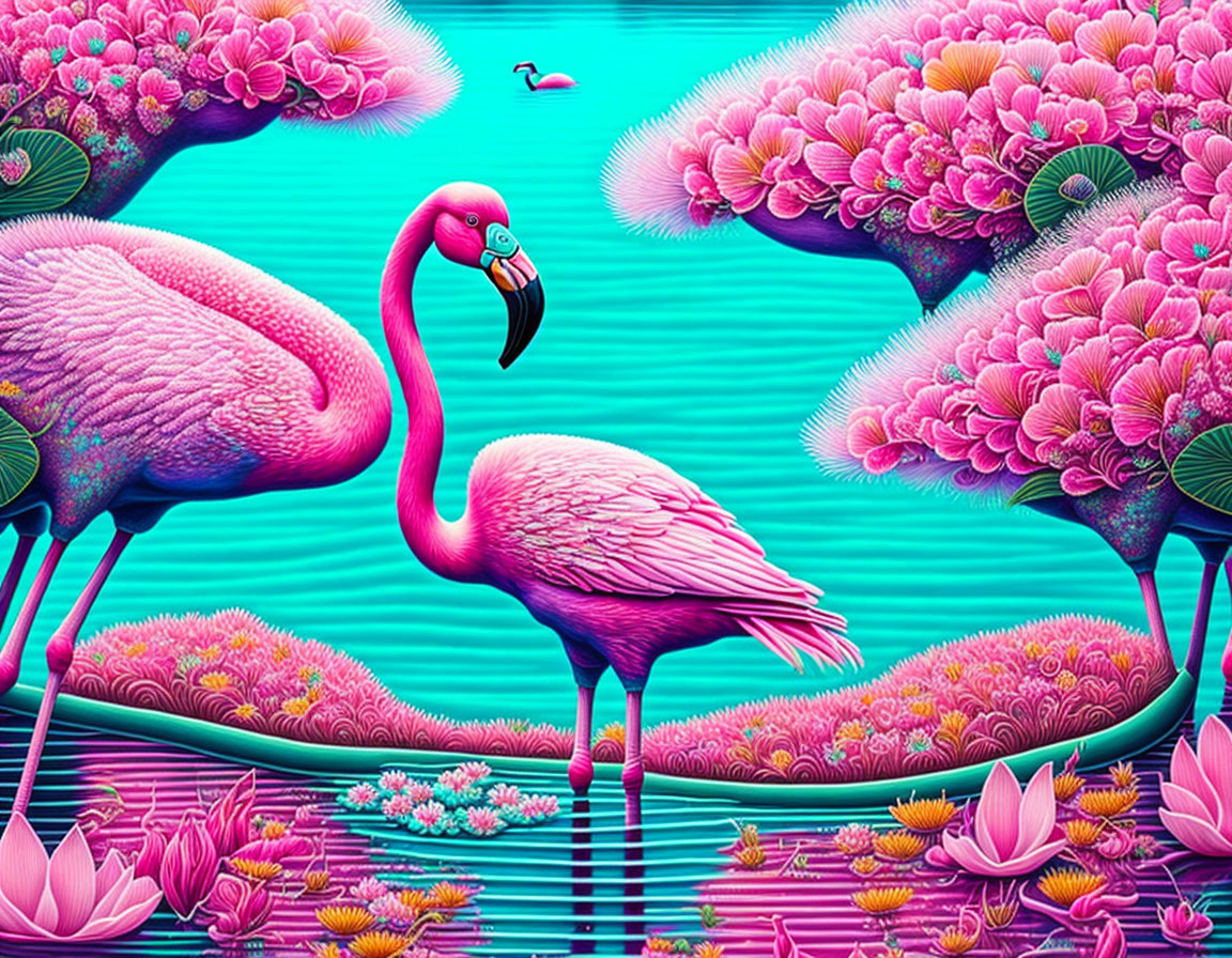 Colorful digital artwork: Pink flamingo in blooming tree landscape