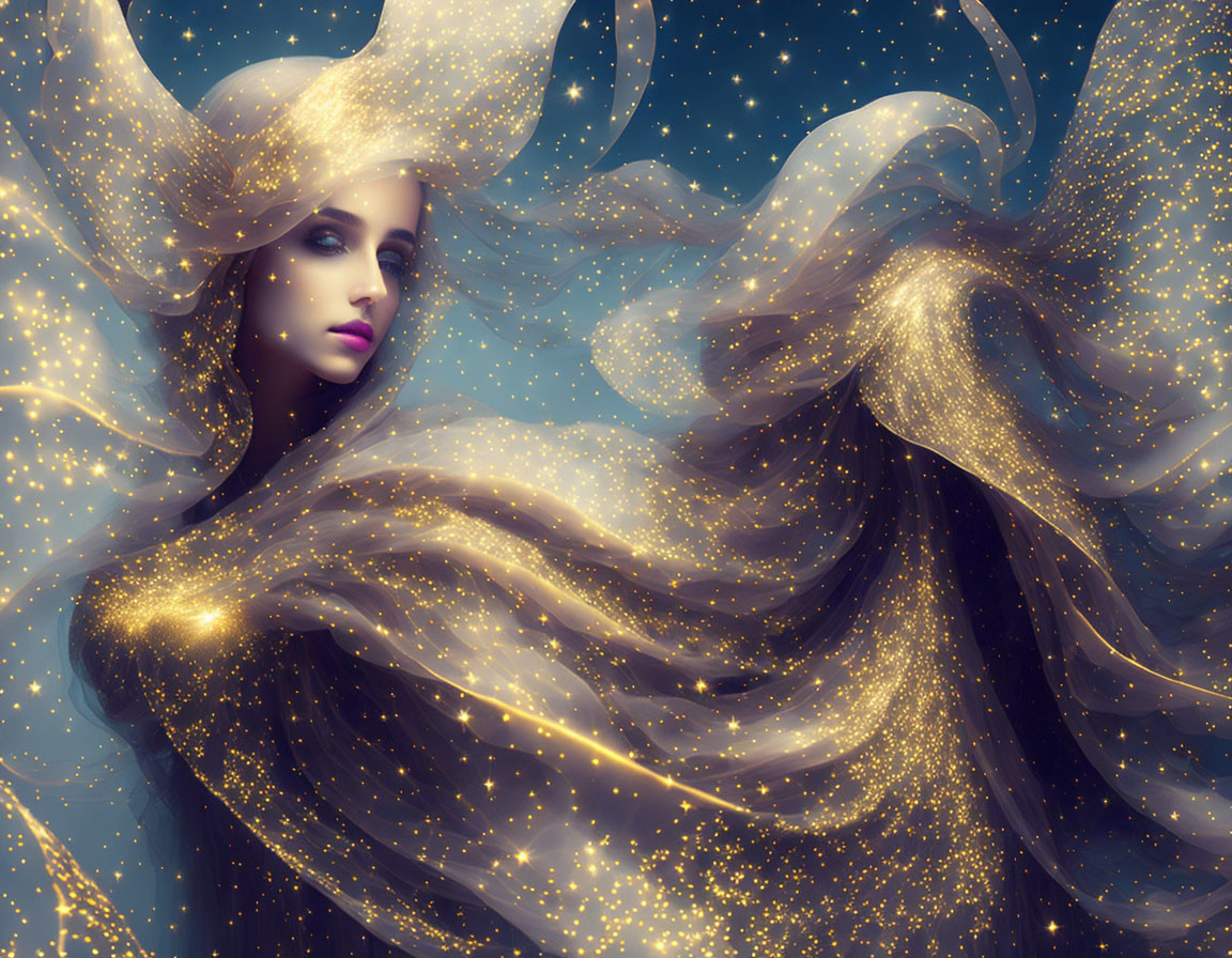 Mystical woman in flowing garments with golden dust on starry backdrop