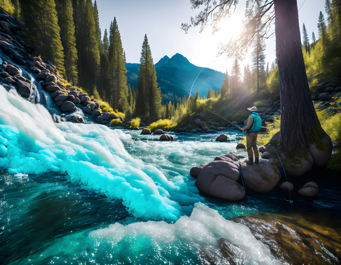 Person in hat fly fishing in vibrant blue river with lush surroundings.