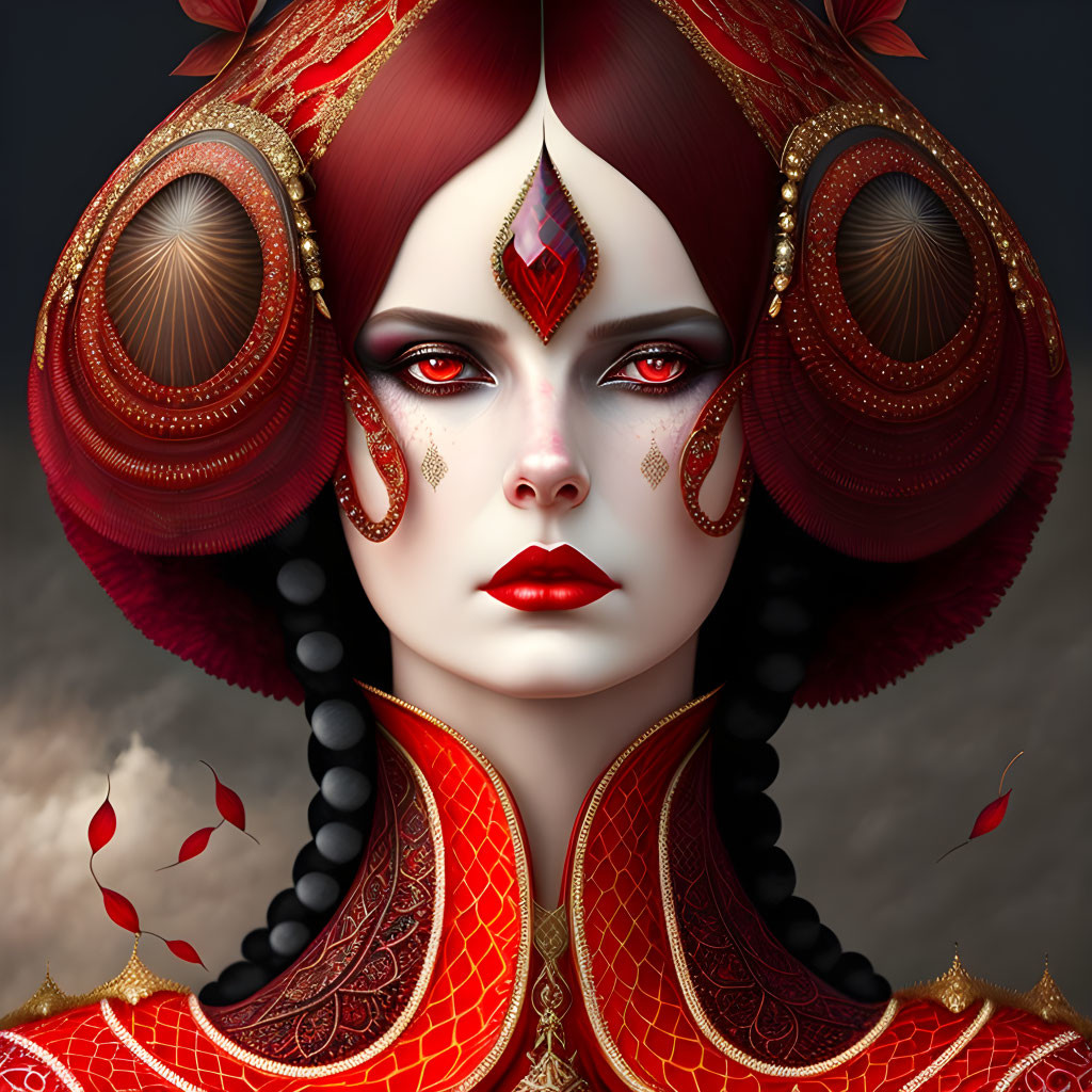 Digital portrait of woman in red and gold attire with elaborate headdress and mystical ambiance