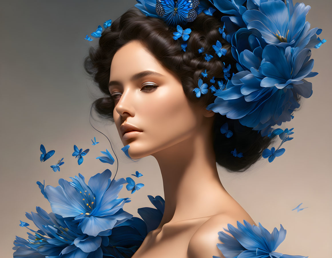 Woman adorned with blue flowers and butterflies in her hair.