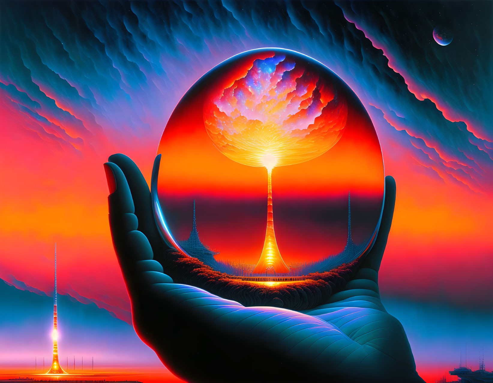 Surreal illustration of hand holding glowing orb with explosion and rocket in vibrant colors