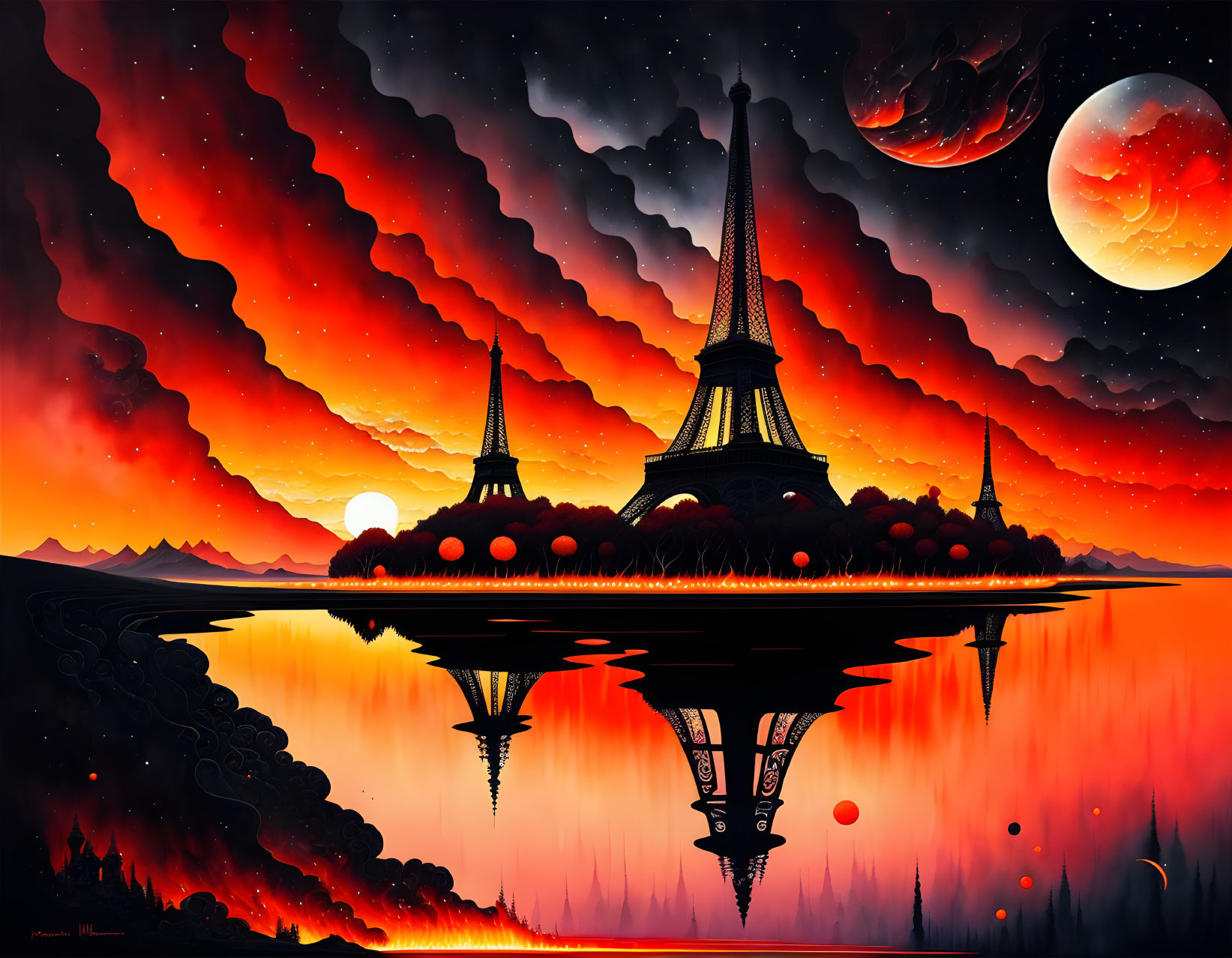 Surreal artwork: Eiffel Tower reflection in fiery sky