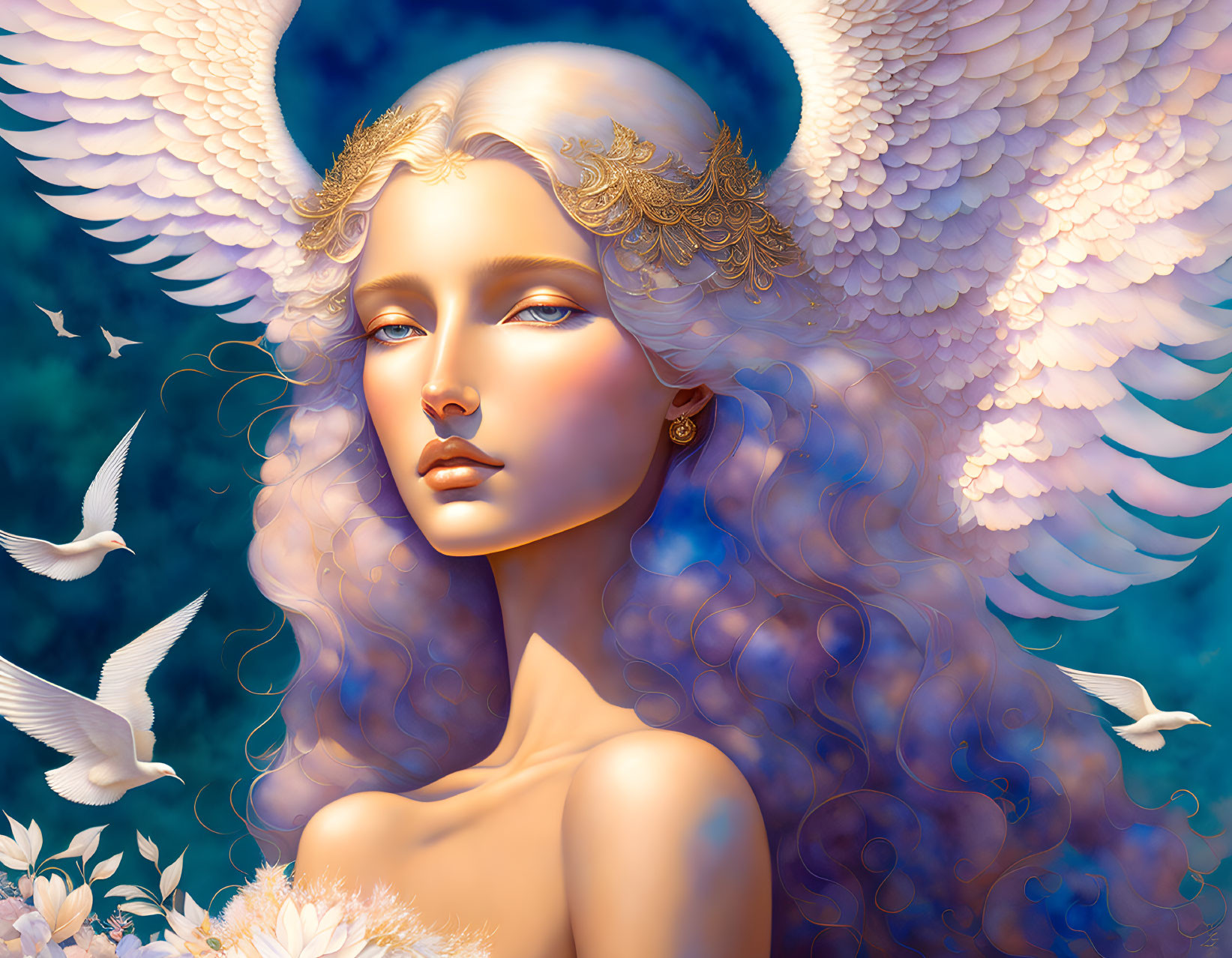 Majestic angel with white wings, blue hair, and doves on blue background