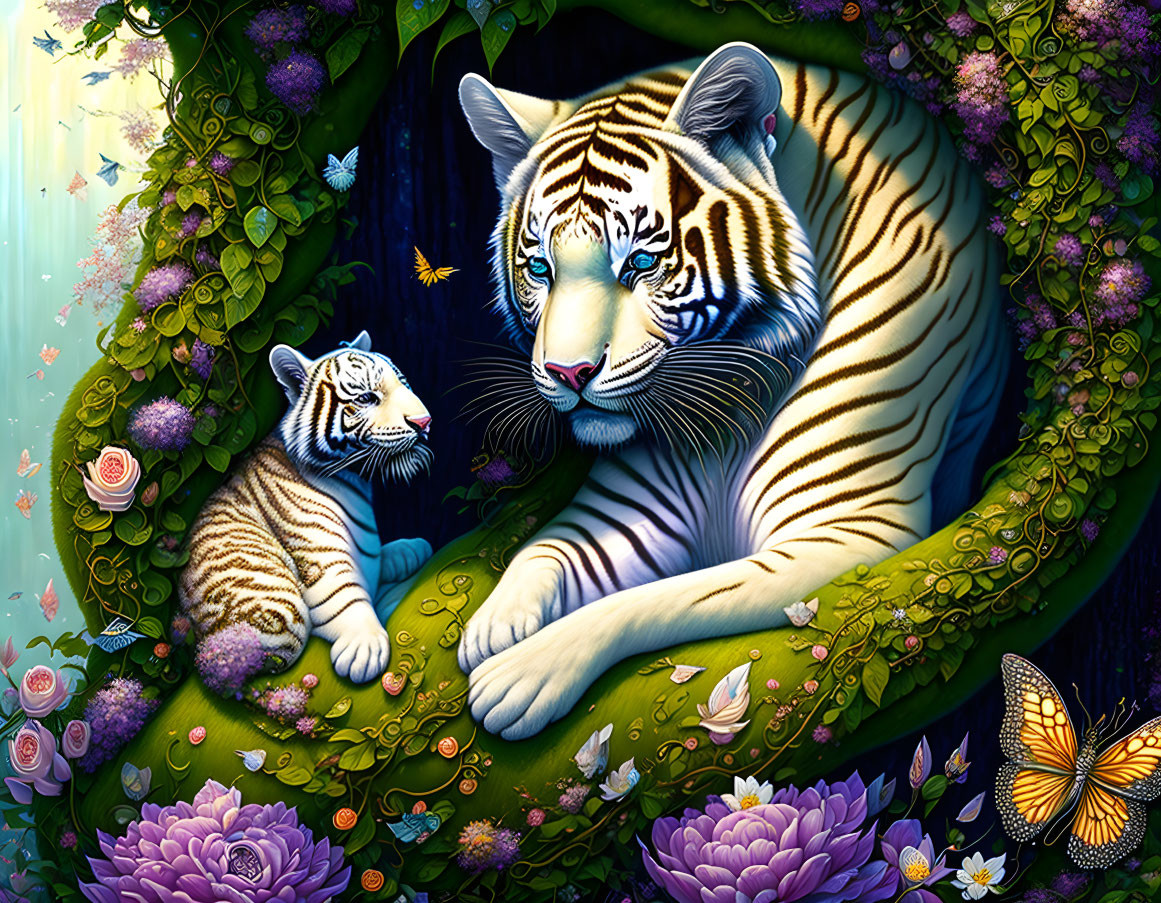 White tiger and cub digital illustration in lush foliage with butterflies