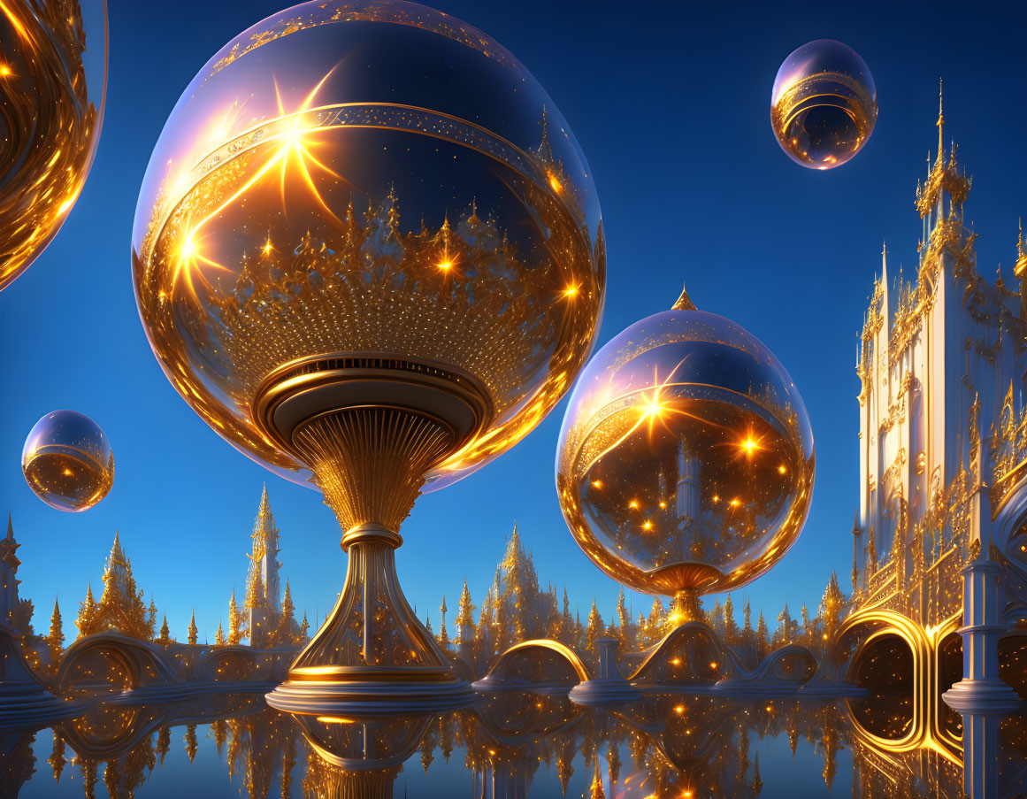 Fantastical landscape with reflective orbs, intricate architecture, sunset sky, water, evergreens