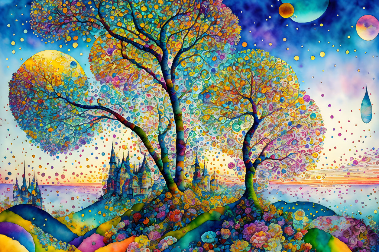 Colorful psychedelic landscape with fantastical trees and celestial bodies.