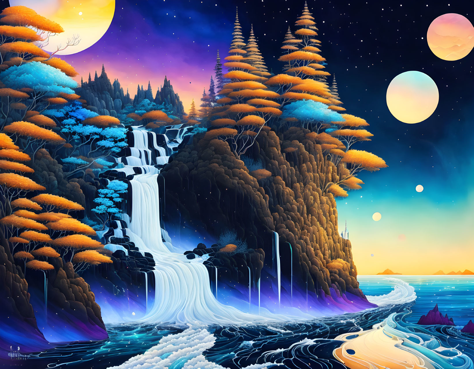 Fantastical landscape with waterfall, trees, moons & planets