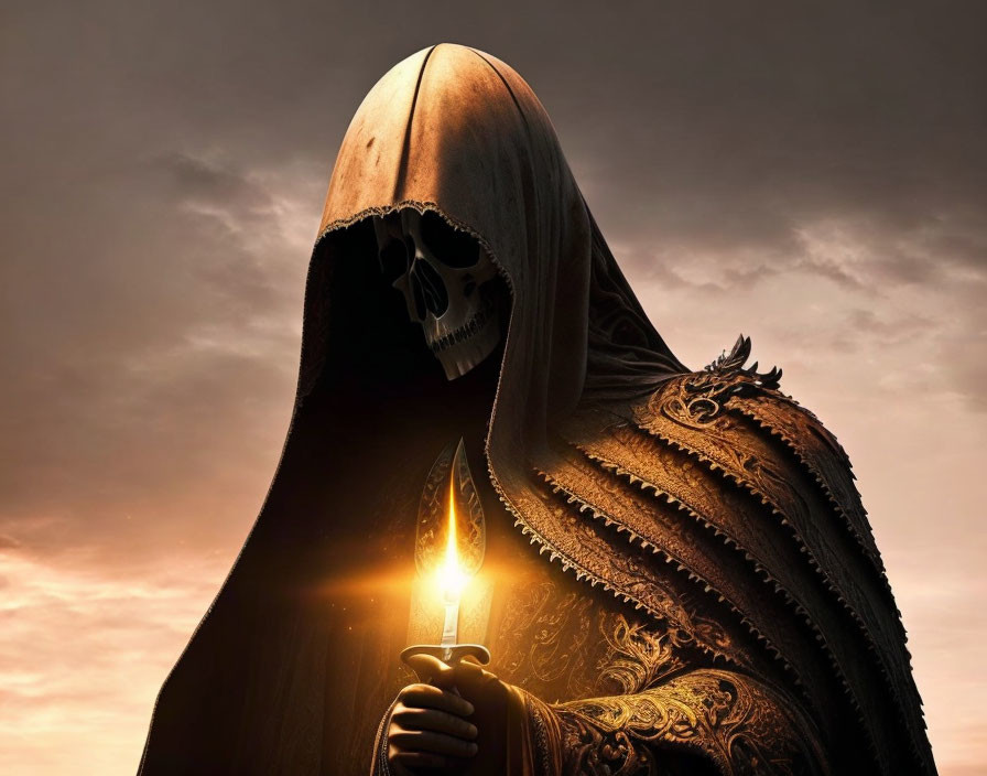 Hooded Figure with Skull-like Face Holding Candle at Sunset