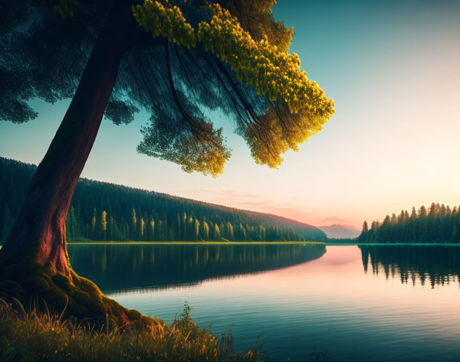 Tranquil sunset lake scene with lush trees and vibrant sky