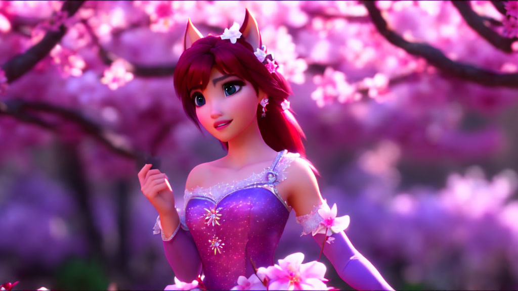 Brown-haired princess in purple dress surrounded by pink cherry blossoms