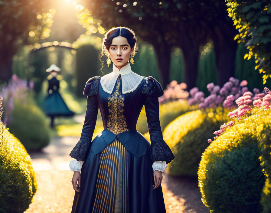 Vintage Dress Woman in Garden with Sunlight Filtering Through Trees