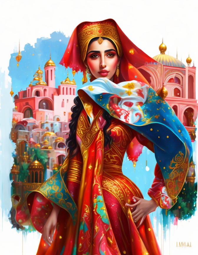 Colorful woman in traditional attire with cityscape background