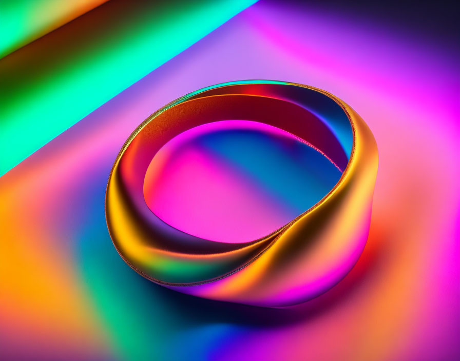 Colorful Möbius Strip Lit by Neon Lights in Pink, Blue, Green, and Orange