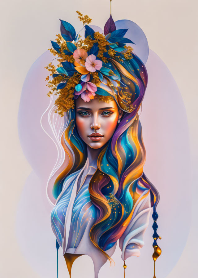 Colorful digital artwork: Woman with flowing hair and cosmic patterns