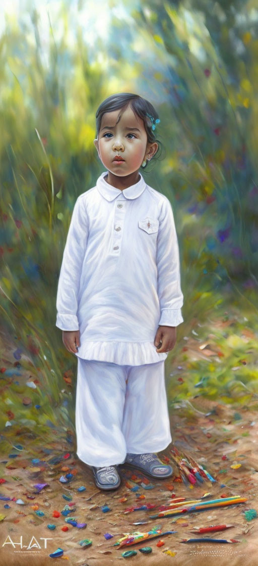 Child in white outfit surrounded by colorful crayons on path.