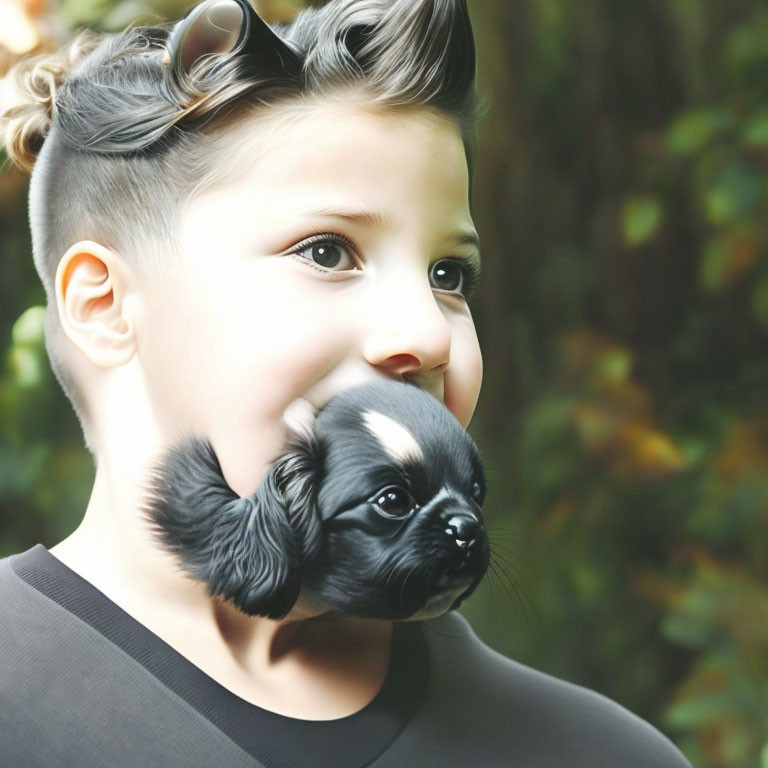 Child with stylish hair smiling next to surreal black-and-white dog face on cheek.