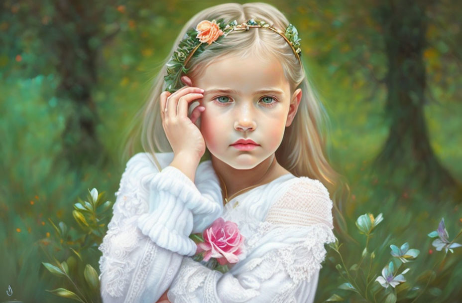 Young girl with floral headband in lush greenery holding pink rose