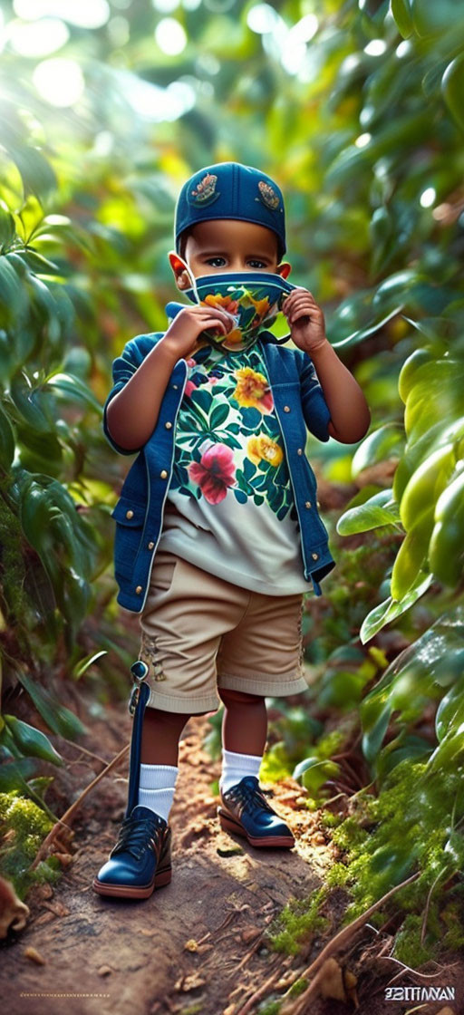 Child in cap and face mask on forest path, holding mask