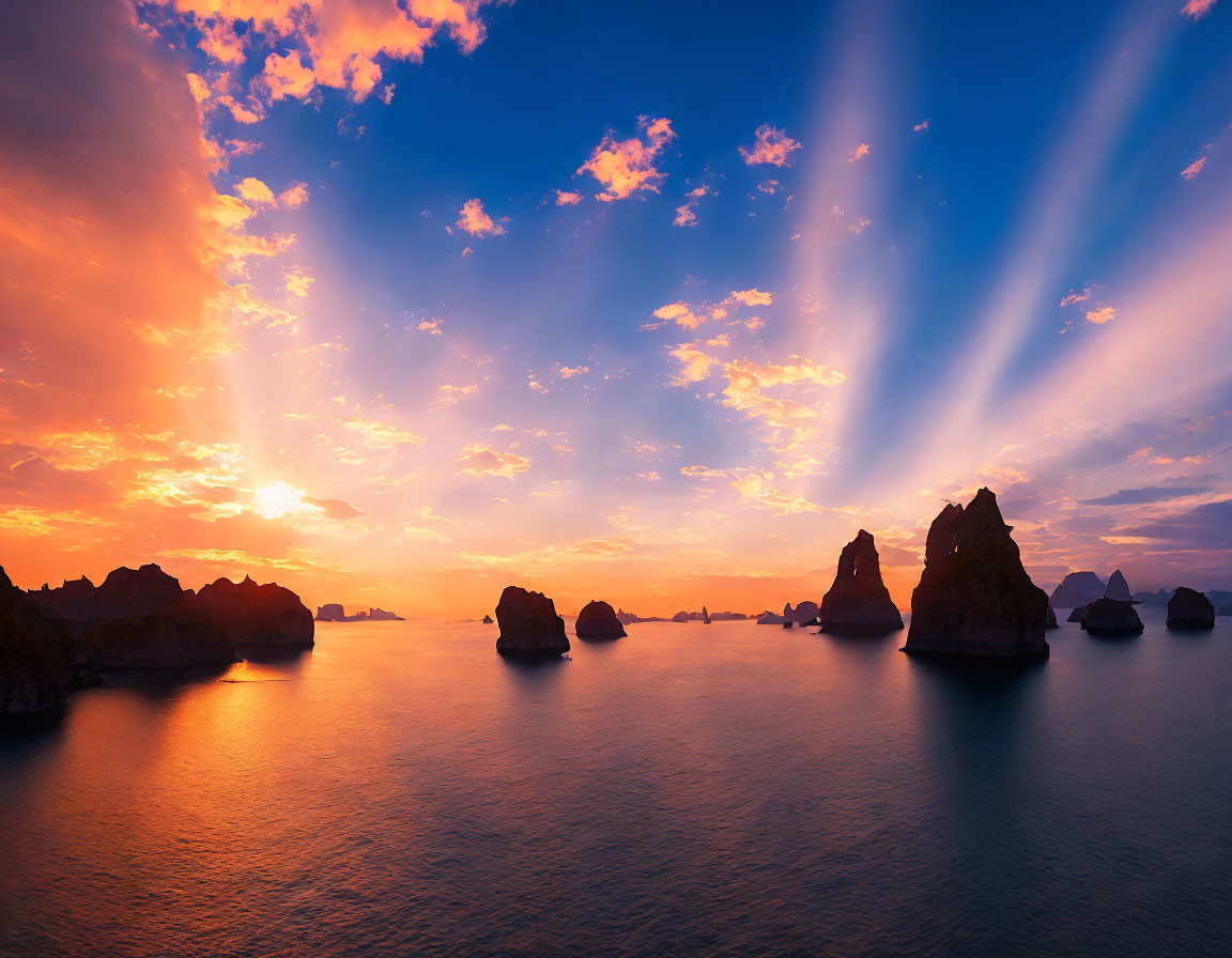 Panoramic sunset with crepuscular rays over tranquil sea