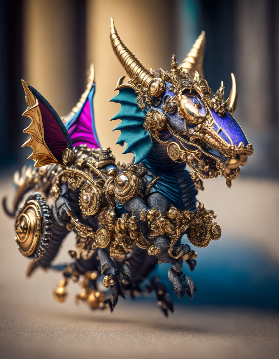 Steampunk-style Dragon Figurine with Metallic Gears and Blue Wings