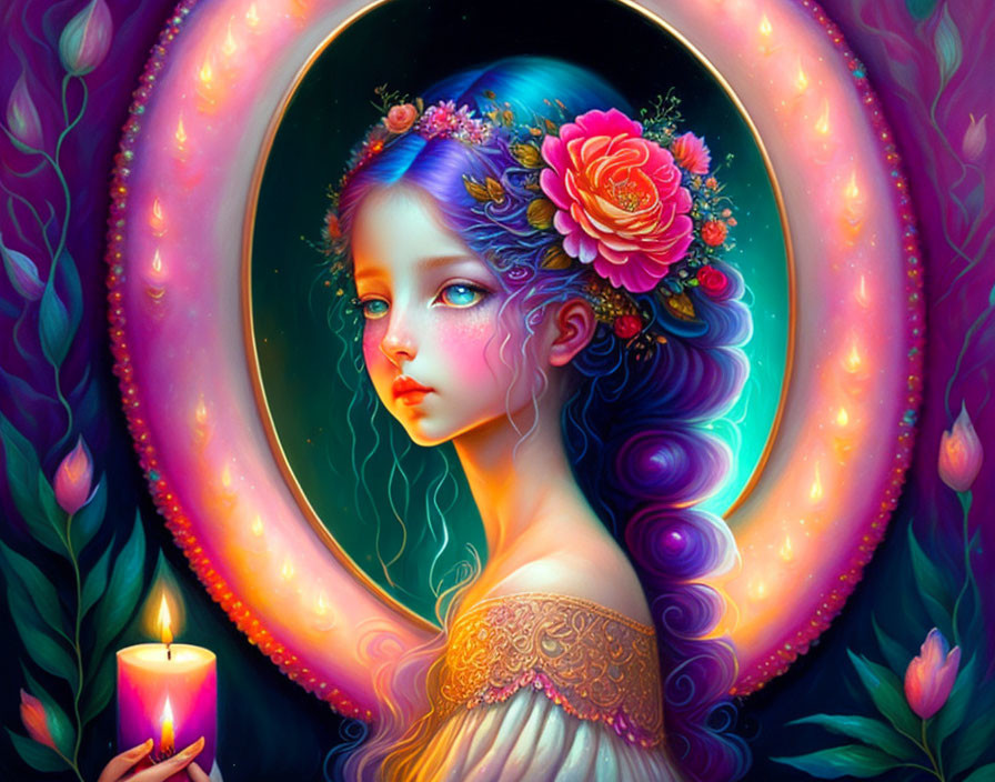 Woman with Blue Hair Holding Candle Surrounded by Flowers