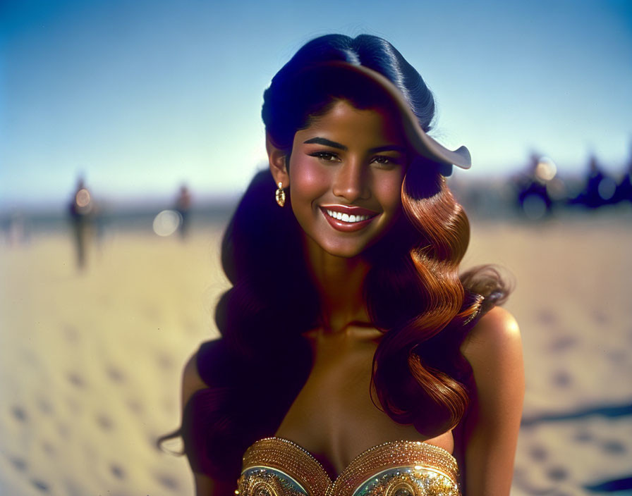 Woman with Voluminous Hair Smiling on Sunny Beach