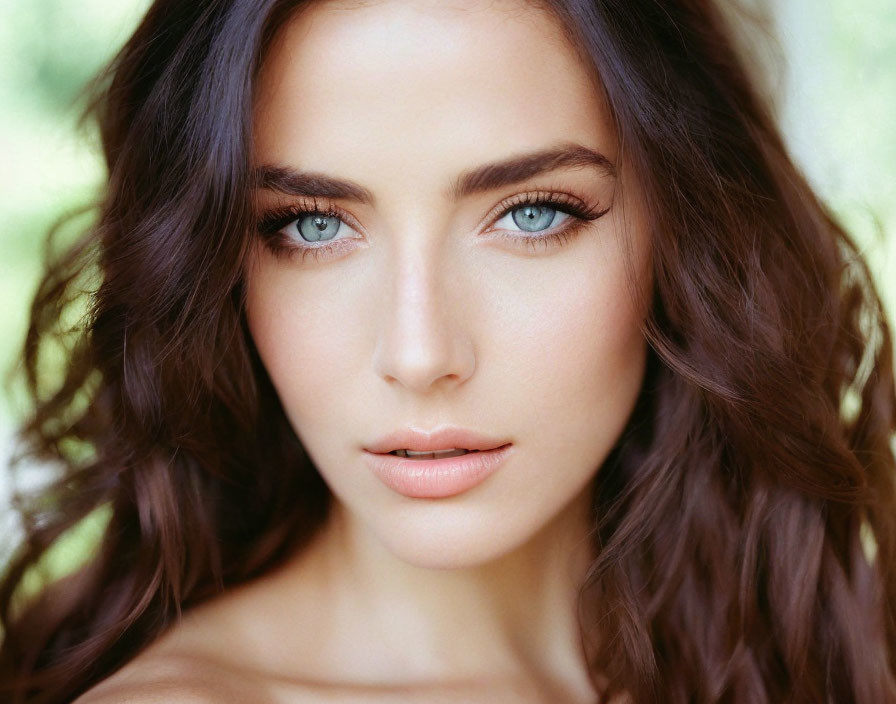 Portrait of Woman with Striking Blue Eyes and Brunette Hair