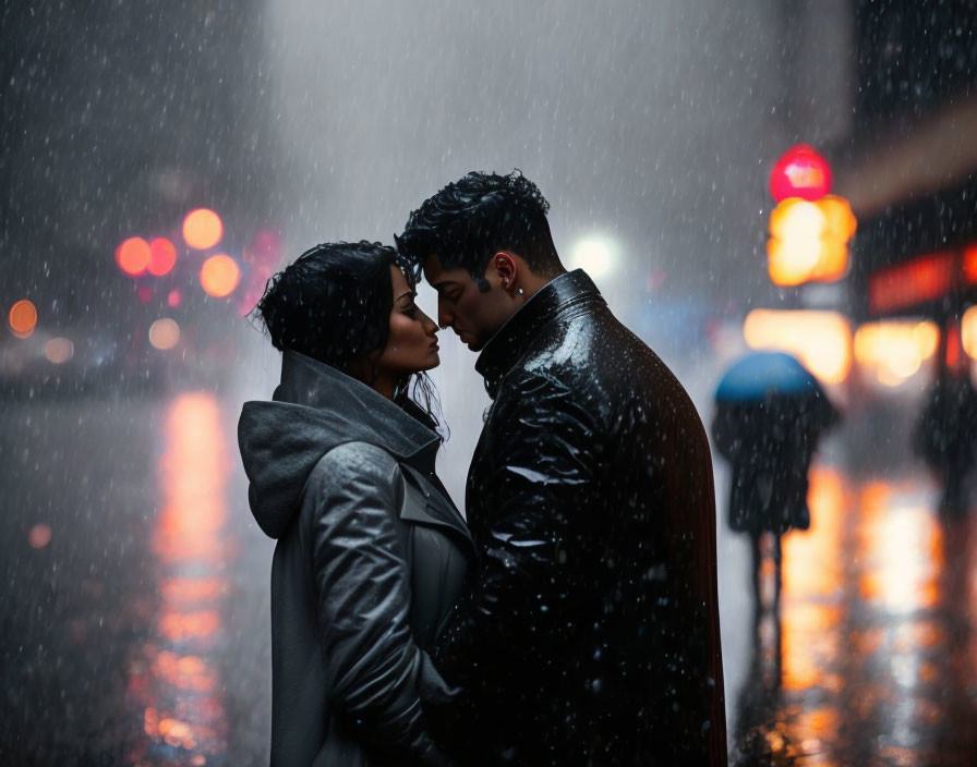 Couple kissing on rain-soaked street at night.