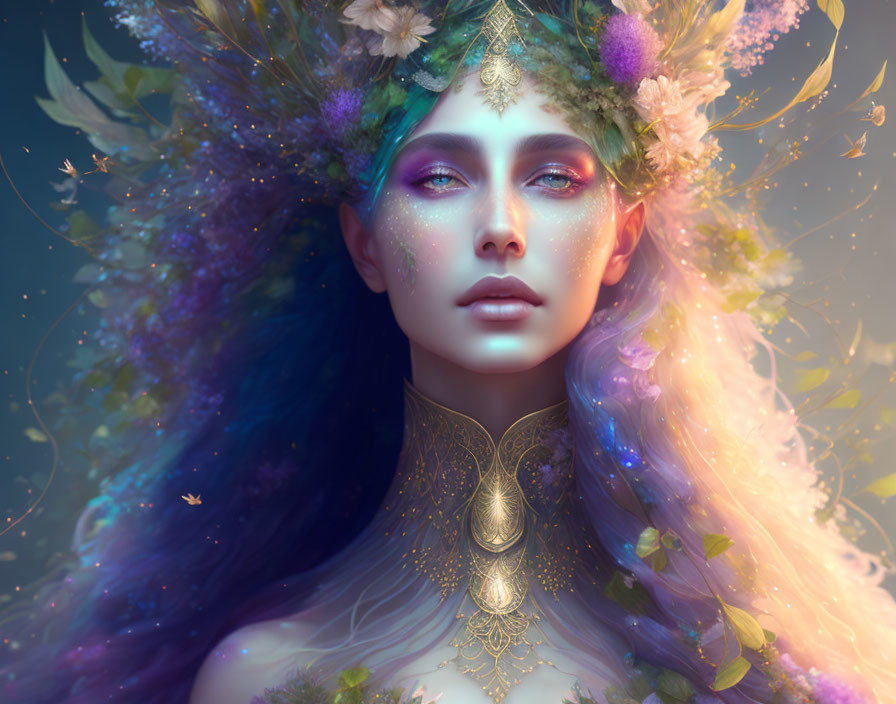 Multicolored hair fantasy portrait with ethereal makeup and ornate jewelry