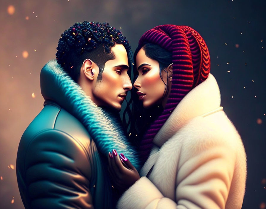 Digital Illustration: Couple Embracing in Blue Jacket and White Fur Coat