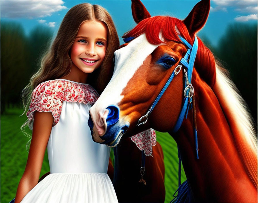 Young girl with long hair and horse against green trees and blue sky