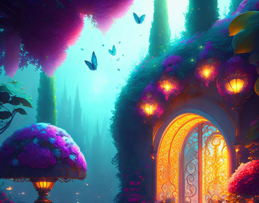 Luminous trees, ornate gate, butterflies in fantasy landscape