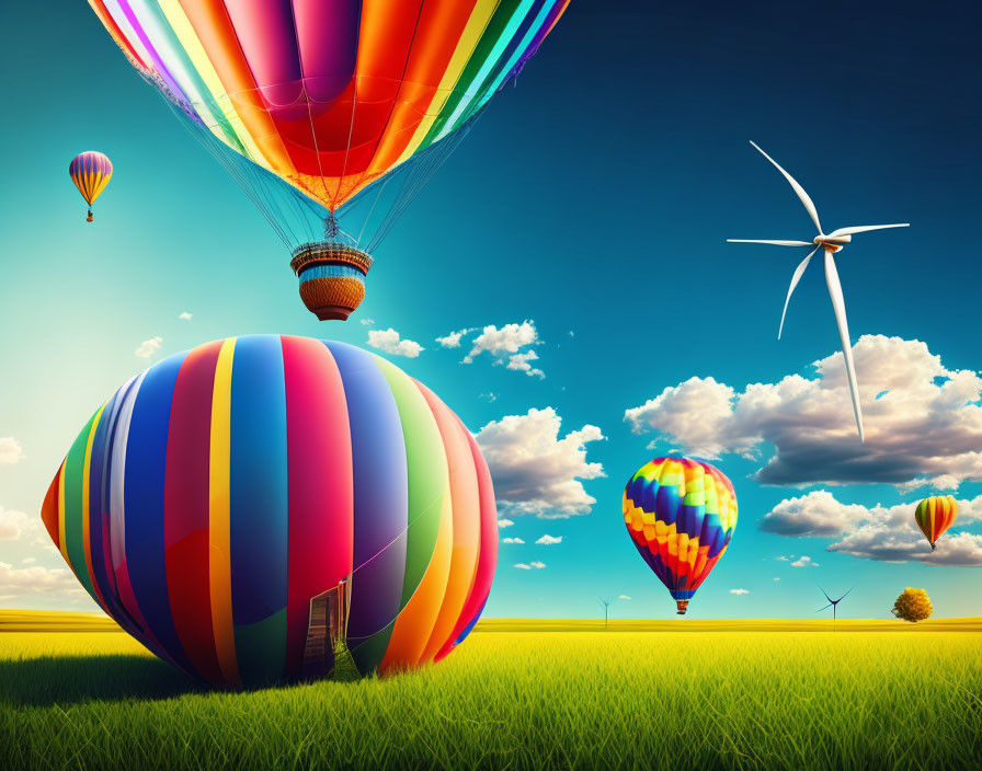 Vibrant hot air balloons near wind turbines in green field under blue sky