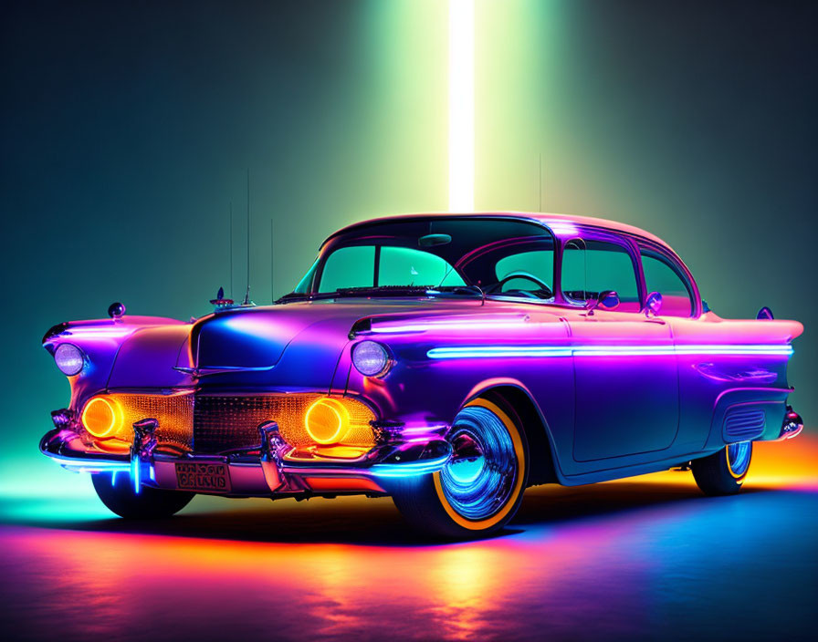 Classic Car Illuminated by Neon Lights on Glossy Surface and Gradient Background