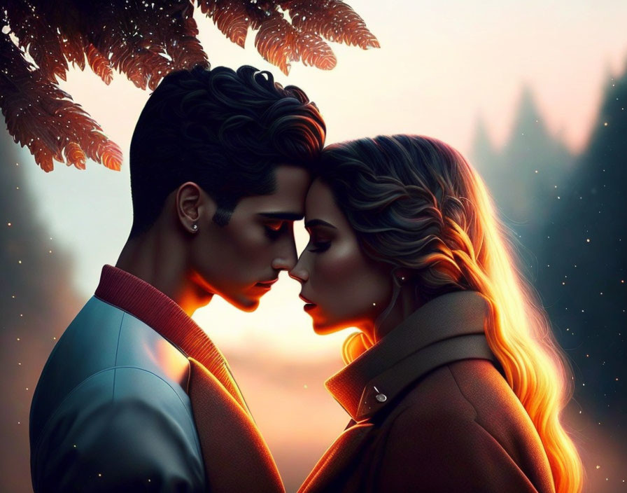 Illustrated couple nose-to-nose in twilight forest scene