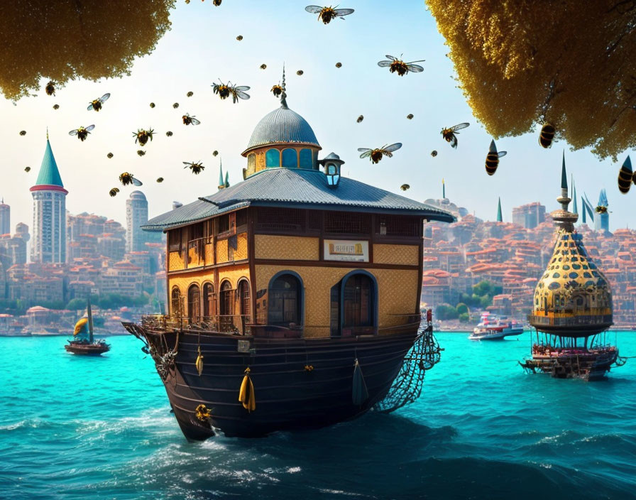 Fantastical wooden boat on water with giant bees and golden hives.