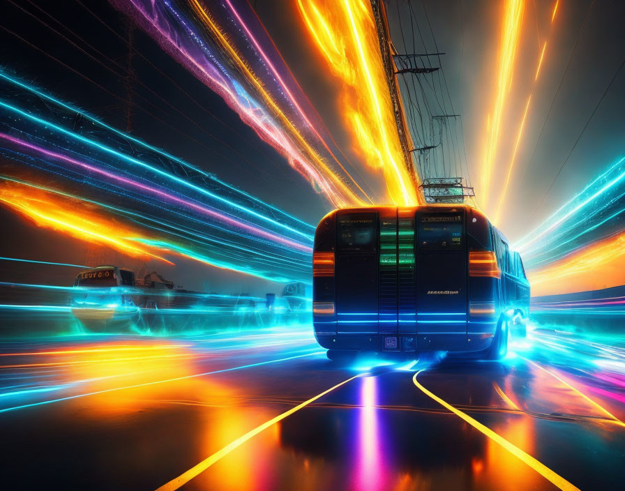 Futuristic cityscape with neon-lit train and dynamic streaks